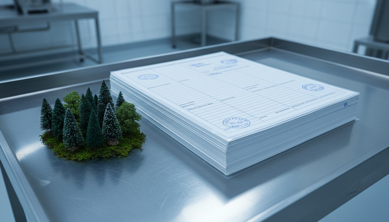A thick pharmaceutical batch record document on a stainless steel table with miniature trees beside it, illustrating the environmental impact