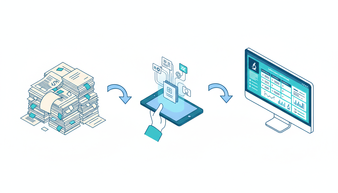 Isometric illustration showing the three-step digital transformation: from paper stacks to tablet digitisation to computer dashboard