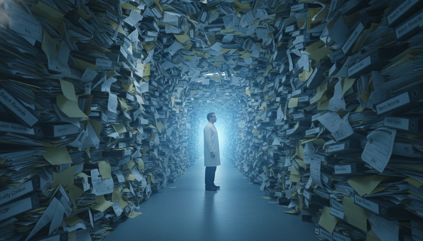 A pharmaceutical worker standing in a corridor between towering walls of paper documents, illustrating the scale of GxP documentation